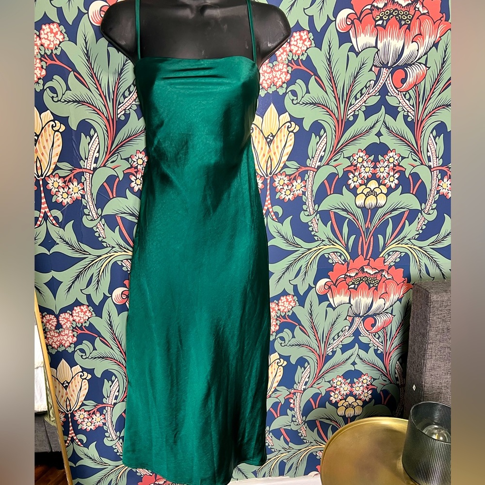 Green silk slip dress